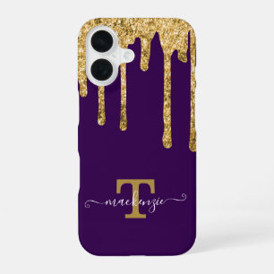Personalised Name Gold Fake Glitter Drip Monogram iPhone 16 Case