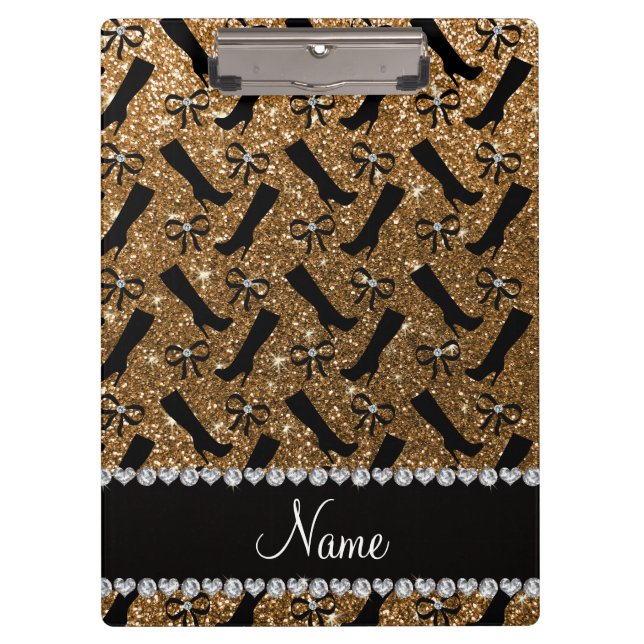 Personalised name gold glitter boots bows clipboard (Front)