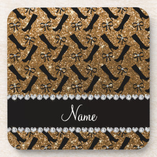 Personalised name gold glitter boots bows coaster