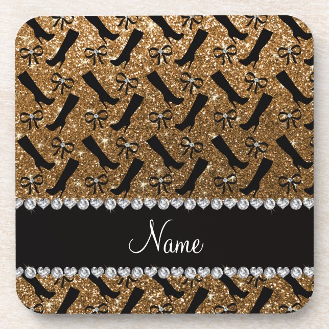 Personalised name gold glitter boots bows coaster (Front)