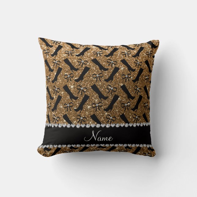 Personalised name gold glitter boots bows cushion (Front)