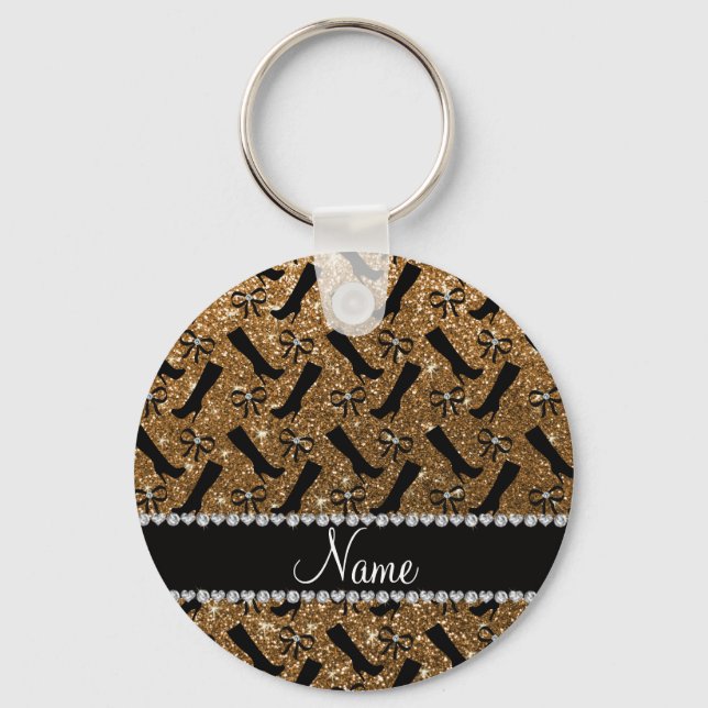 Personalised name gold glitter boots bows key ring (Front)