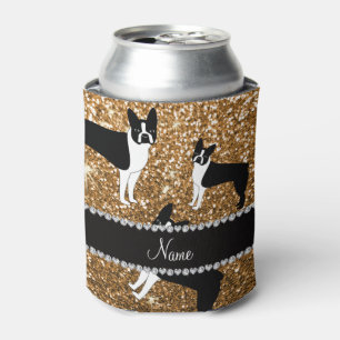 Personalised name gold glitter boston terrier can cooler