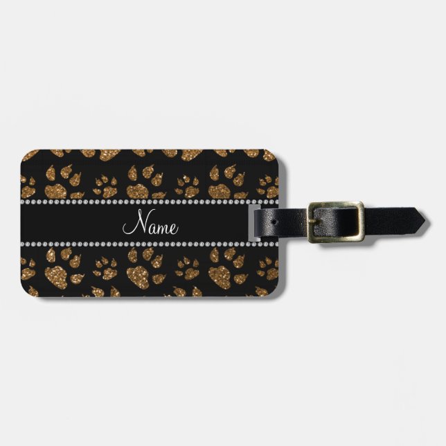 Personalised name gold glitter cat paws luggage tag (Front Horizontal)