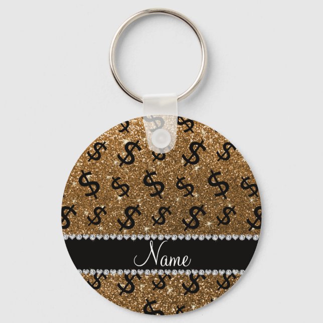Personalised name gold glitter dollar signs key ring (Front)