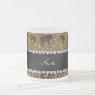 Personalised name gold glitter elephants frosted glass coffee mug
