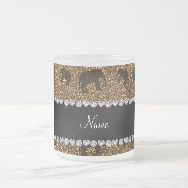Personalised name gold glitter elephants frosted glass coffee mug (Center)