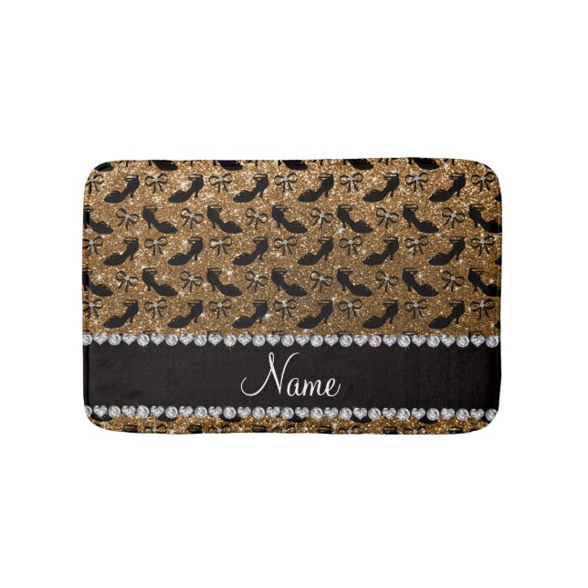Personalised name gold glitter fancy shoes bows bath mat (Front)