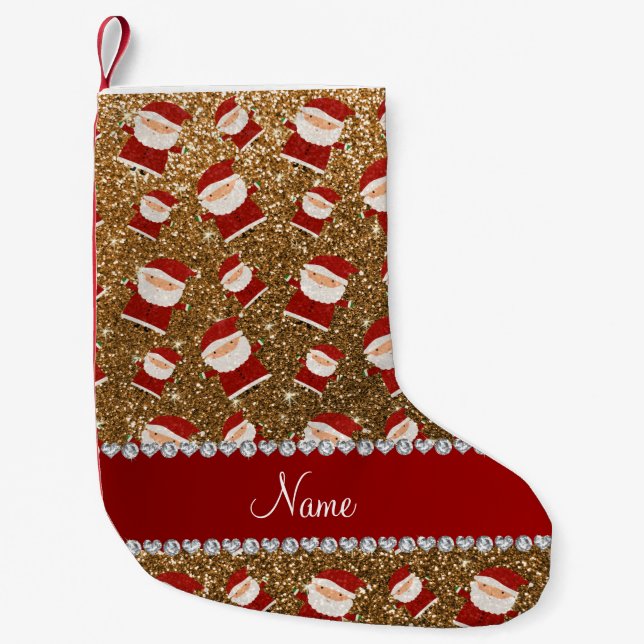 Personalised name gold glitter santas small christmas stocking (Front)