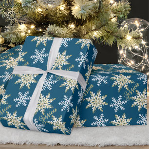 Personalised Name Gold Snowflake Navy Gift Wrapping Paper