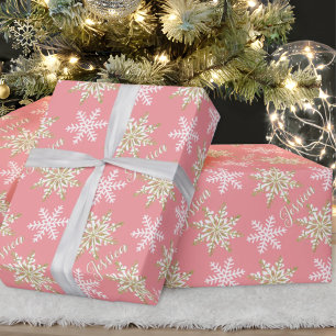 Personalised Name Gold Snowflake Pink Gift Wrapping Paper