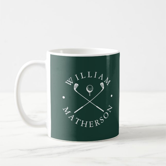 Personalised Name Golf Clubs Emerald Green White Coffee Mug (Left)