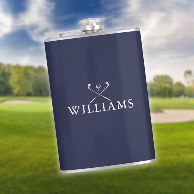 Personalised Name Golf Clubs Navy Blue Hip Flask (Creator Uploaded)