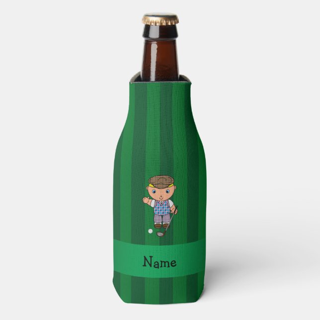 Personalised name golf player green stripes bottle cooler (Bottle Front)