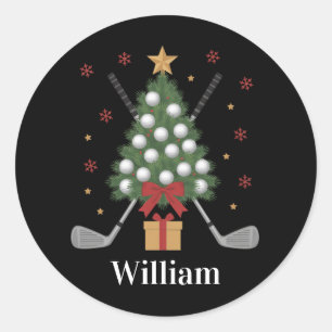 Personalised Name Golf Tree Equipment Christmas Classic Round Sticker