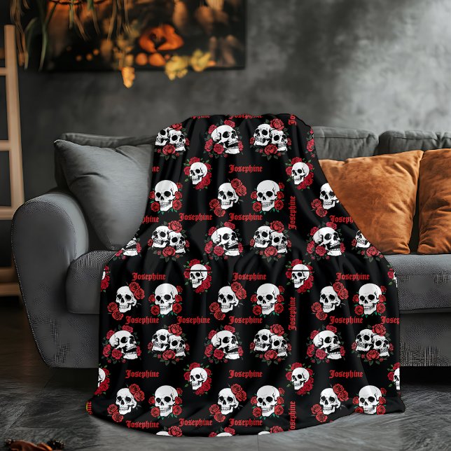 Personalised Name Gothic Skull & Roses Halloween Fleece Blanket (Creator Uploaded)