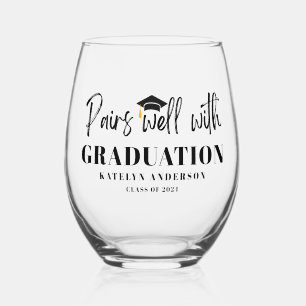 Personalised Name Graduation Year Pairs Well Stemless Wine Glass