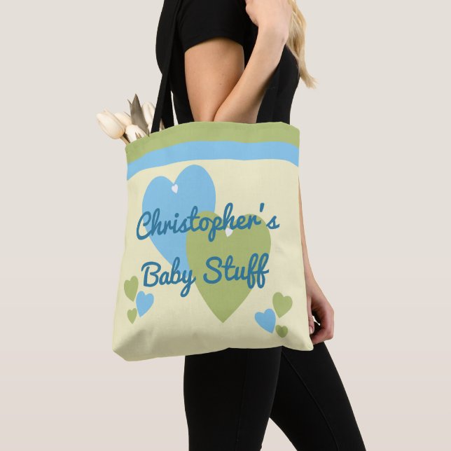 Personalised name green and blue baby toys tote bag (Close Up)