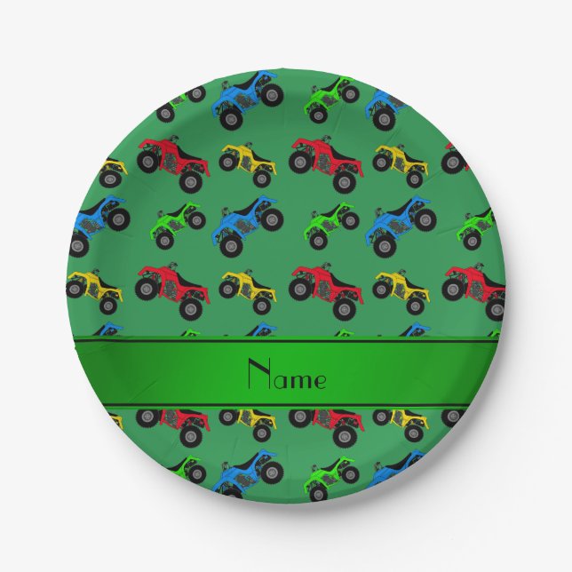 Personalised name green atv pattern paper plate (Front)