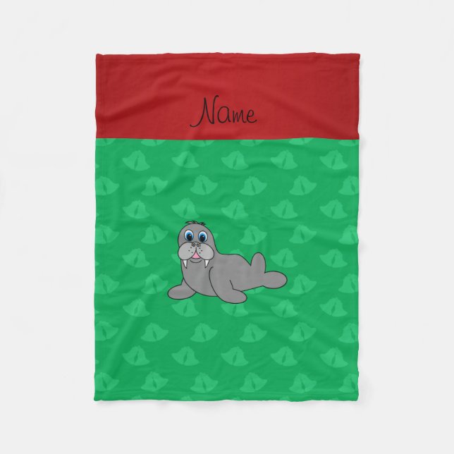 Personalised name green bells walrus fleece blanket (Front)