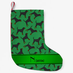 Personalised name green black tan coonhounds small christmas stocking