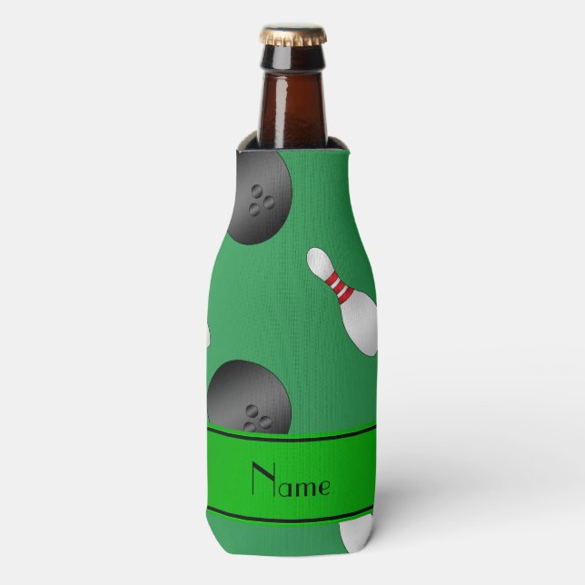 Personalised name green bowling balls pins bottle cooler (Bottle Front)