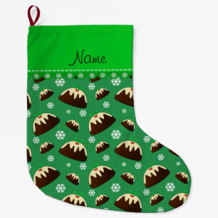 Personalised name green christmas pudding pattern large christmas stocking