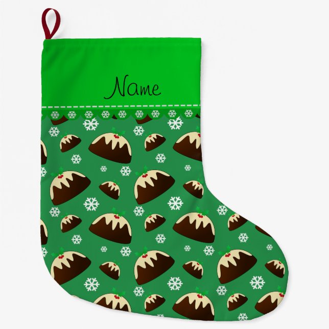 Personalised name green christmas pudding pattern large christmas stocking (Front)