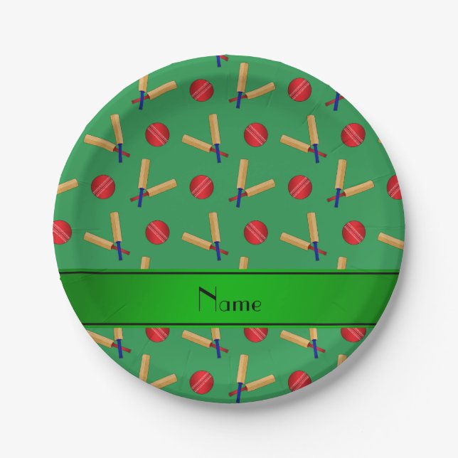 Personalised name green cricket pattern paper plate (Front)