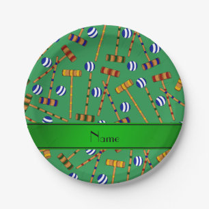 Personalised name green croquet pattern paper plate