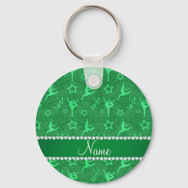 Personalised name green damask gymnastics key ring (Front)
