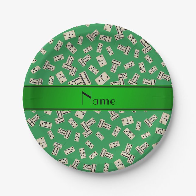 Personalised name green dominos paper plate (Front)