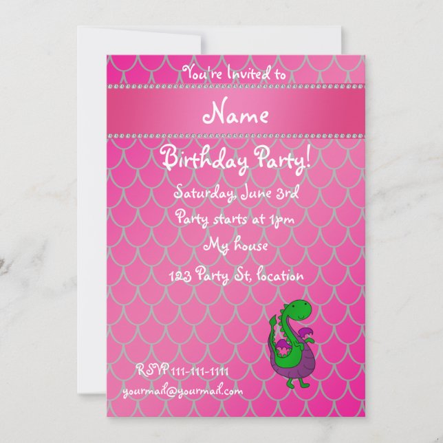 Personalised name green dragon pink scales invitation (Front)