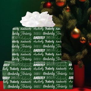 Personalised Name Green Font Collage Christmas Wrapping Paper