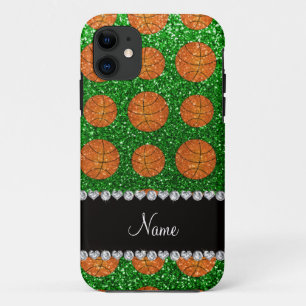 Personalised name green glitter basketballs iPhone 11 case