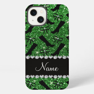 Personalised name green glitter boots bows iPhone 13 case