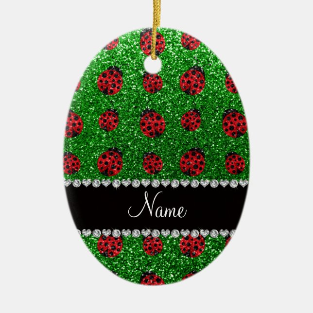 Personalised name green glitter ladybug ceramic tree decoration (Front)