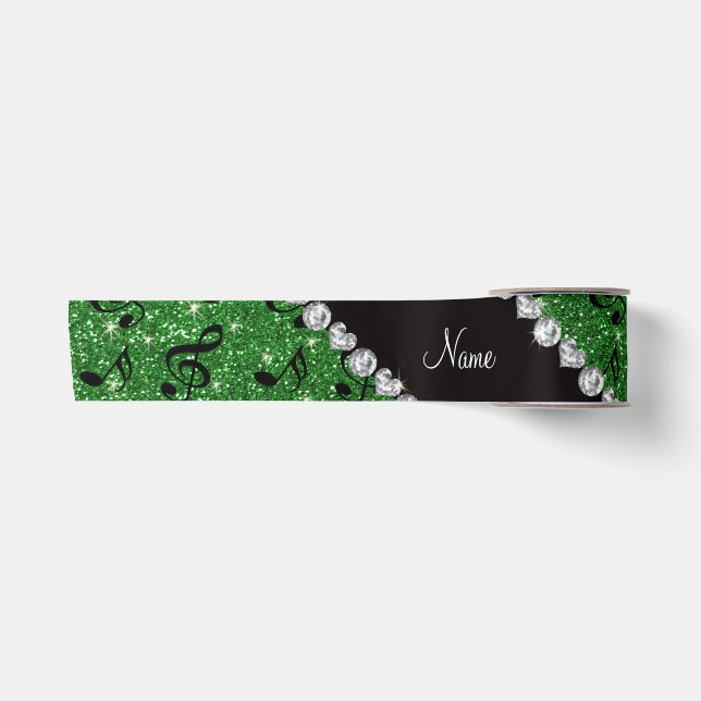 Personalised name green glitter music notes satin ribbon (Front)