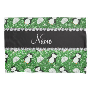 Personalised name green glitter penguins igloos pillowcase