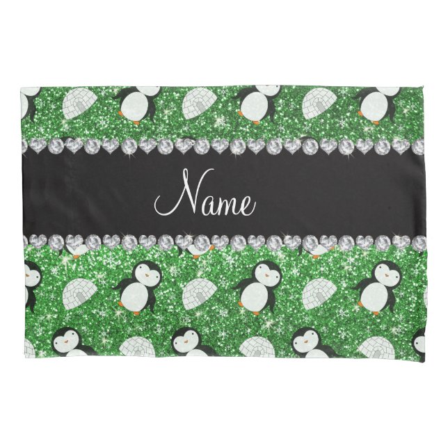 Personalised name green glitter penguins igloos pillowcase (Front)