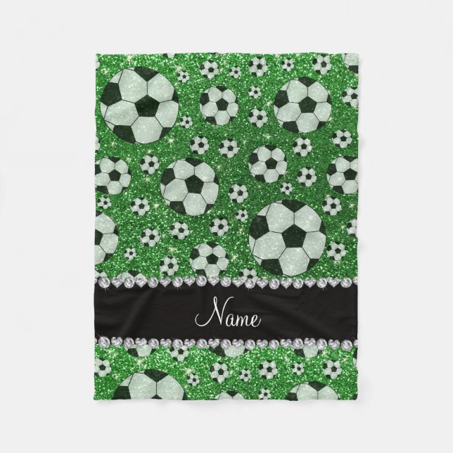 Personalised name green glitter soccer balls fleece blanket (Front)