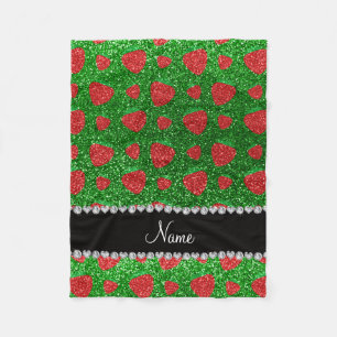 Personalised name green glitter strawberry fleece blanket