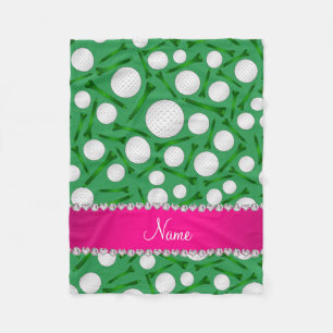 Personalised name green golf ball tees pink stripe fleece blanket