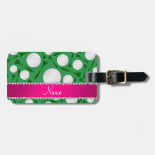 Personalised name green golf ball tees pink stripe luggage tag
