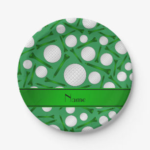 Personalised name green golf balls tees paper plate