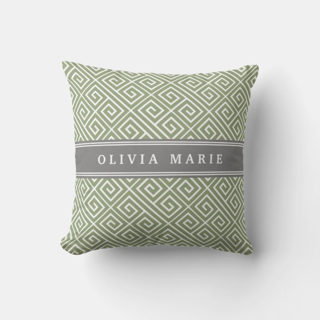Personalised Name Green Greek Key Pattern Cushion (Front)
