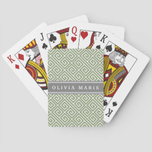 Personalised Name Green Greek Key Pattern Playing Cards