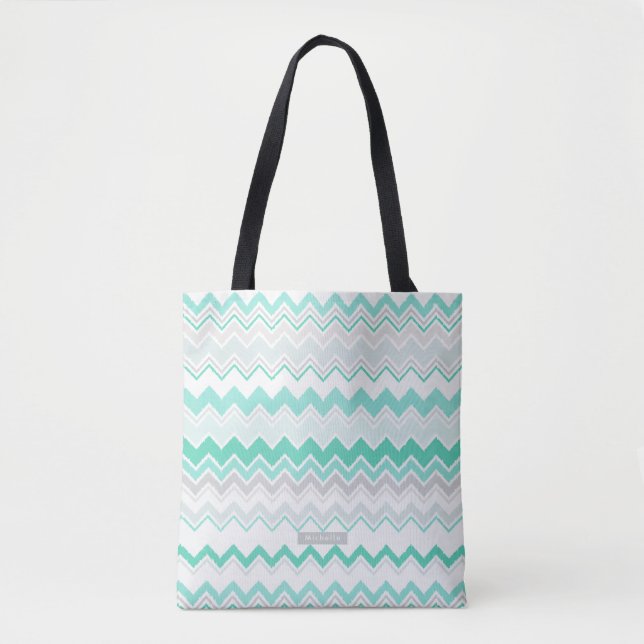 Personalised Name Green Ikat Chevron Pattern Tote Bag (Front)