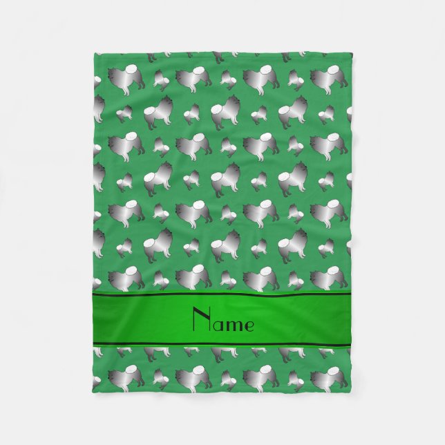 Personalised name green keeshond dogs fleece blanket (Front)