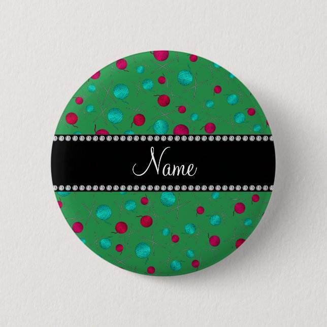 Personalised name green knitting pattern 6 cm round badge (Front)